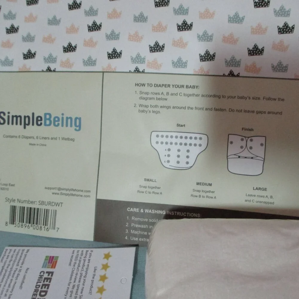 Simple Being 6 Diapers  Liners 1 Wetbag New Unisex Adjustable Size S M L Reusabl